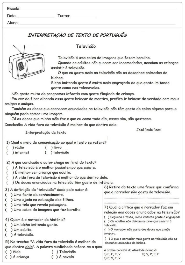 Atividades de Interpretação de texto 4º ano do nível Fundamental